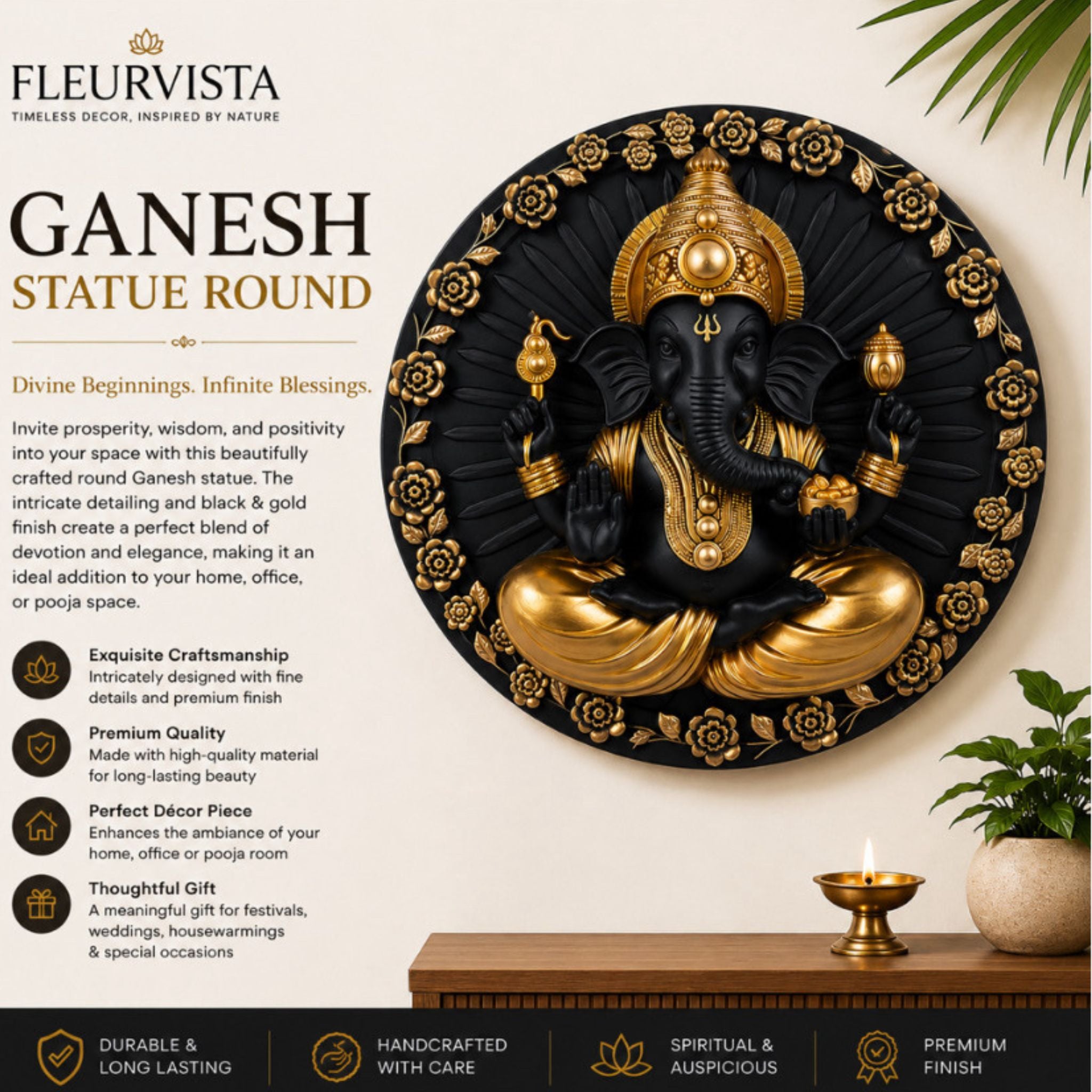 Round 3D Ganesh Wall Decor